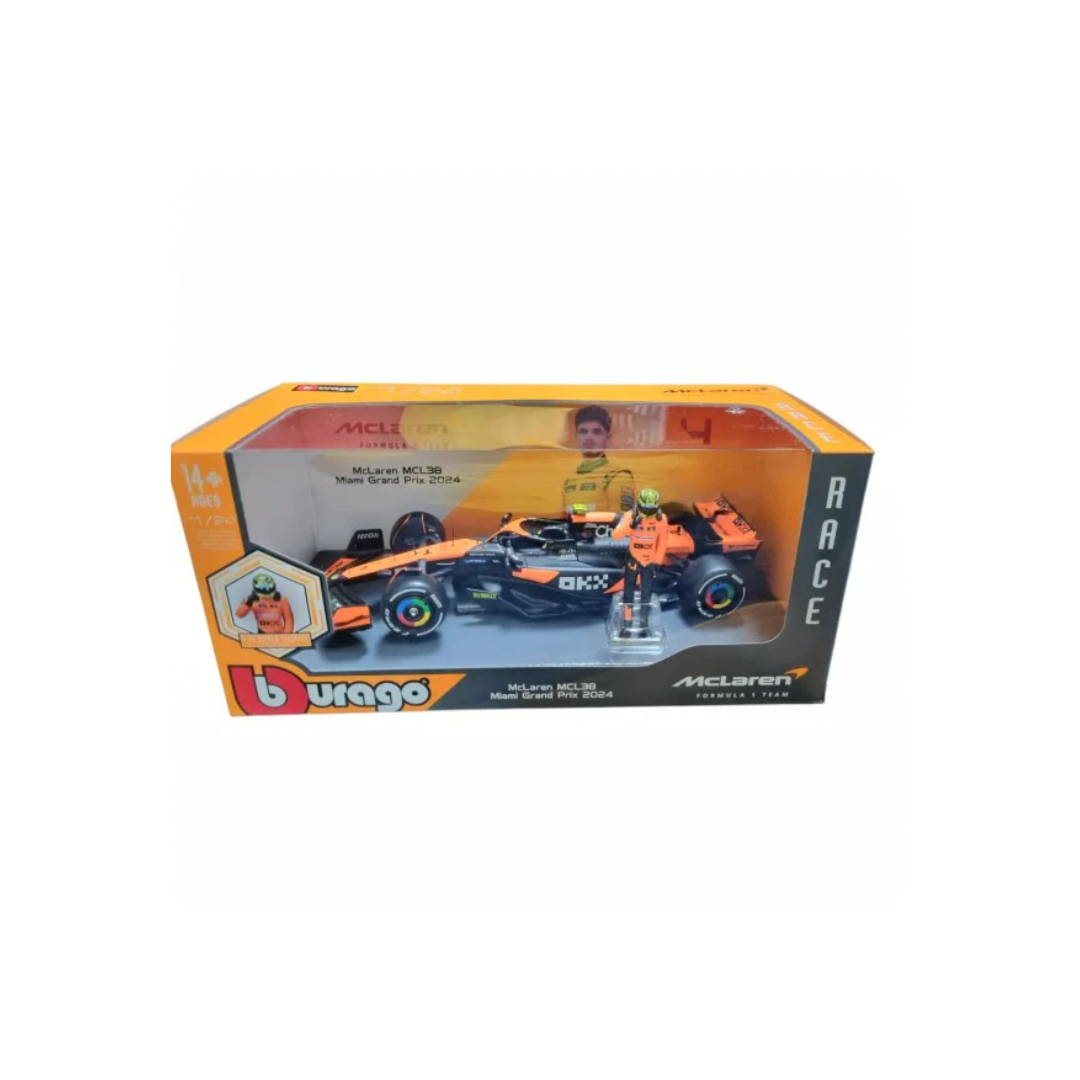 Bburago 1/24 Scale McLaren MCL38 Miami GP 2024 - Lando Norris Diecast F1 Model with Pilot Figure