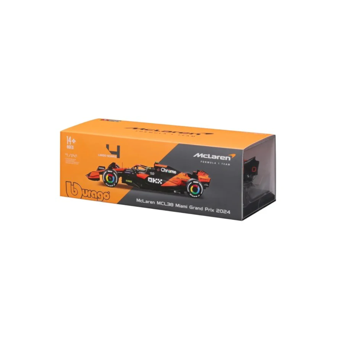 Bburago 1/24 Scale McLaren MCL38 - Lando Norris #4 Diecast F1 Model with Helmet (Plex Case)