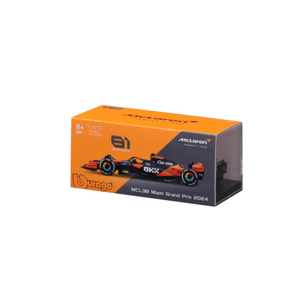 Bburago 1/43 Scale McLaren F1 Team MCL38 Miami Grand Prix 2024 – Lando Norris Diecast Model (Formula 1)